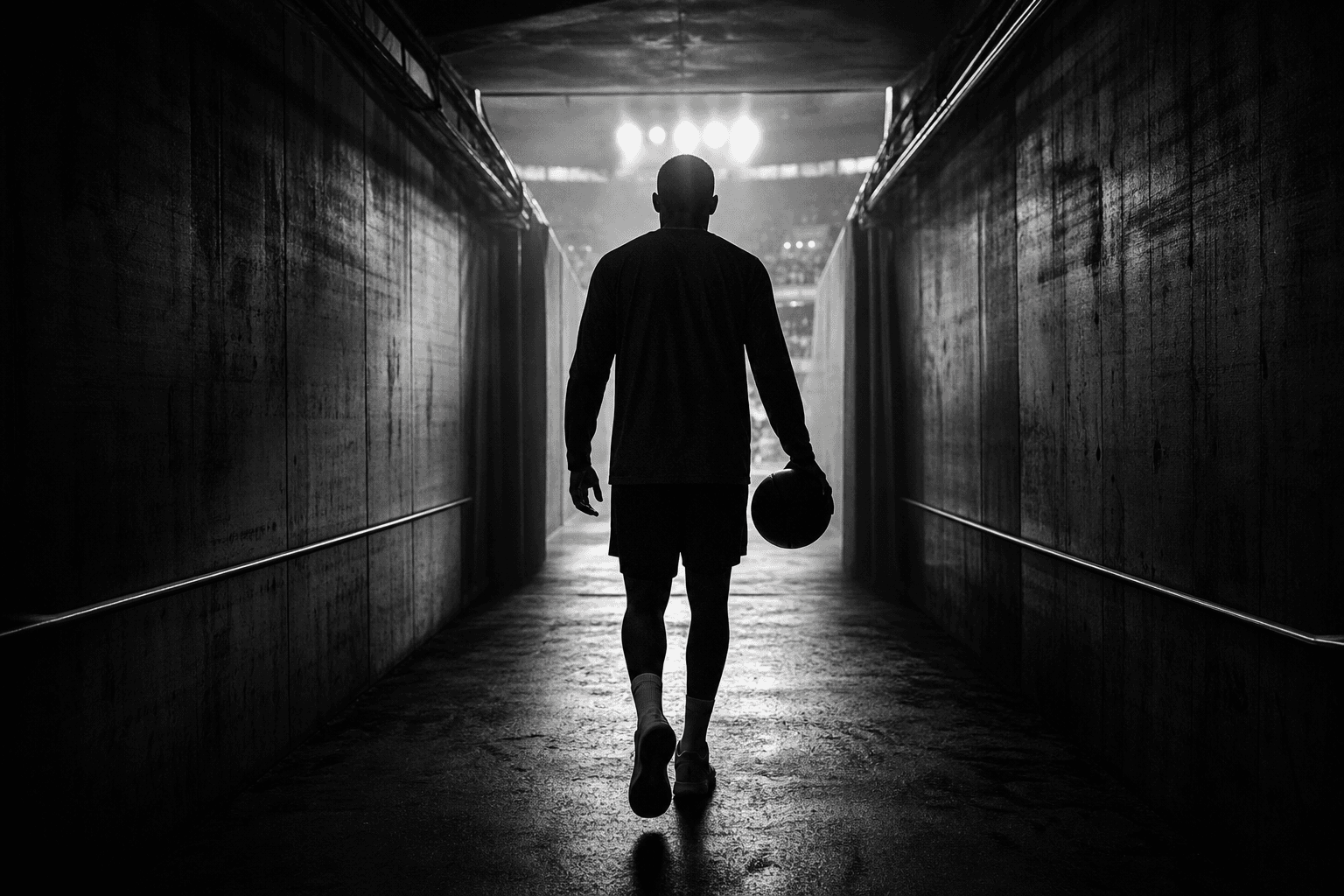 An anonymous athlete from behind walking down a tunnel toward a brightly lit arena.